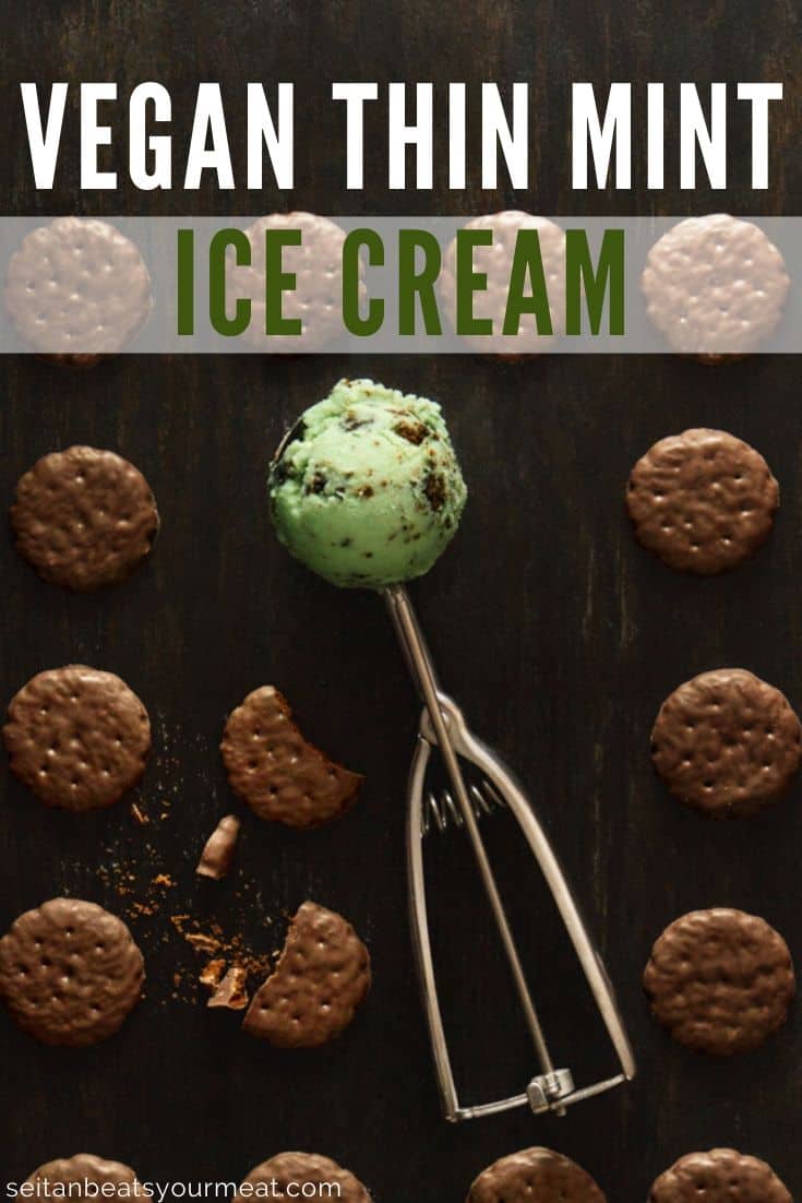Thin Mint Ice Cream in ice cream scoop surrounded by thin mints