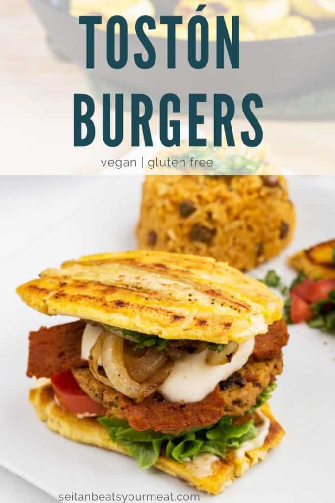 Veggie burger with plantain bun on plate with arroz con gandules