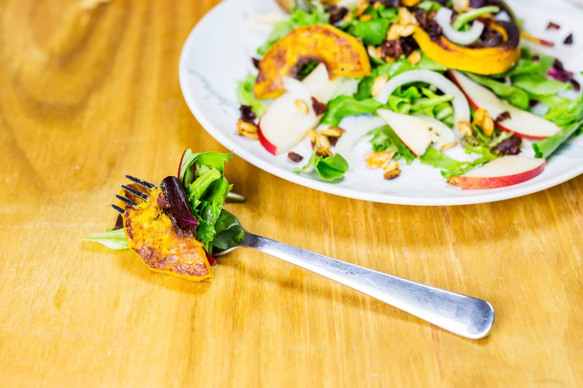 Close up photo of salad and squash on a fork with the plate of salad in the background