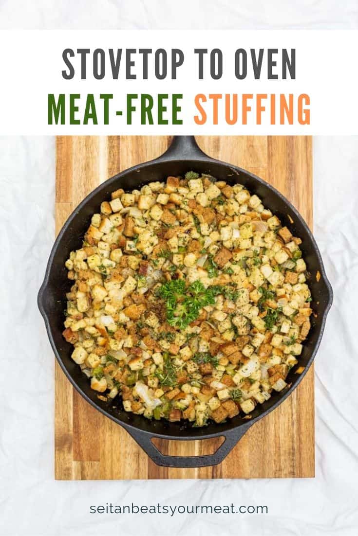 Image of stuffing in cast iron pan with text 