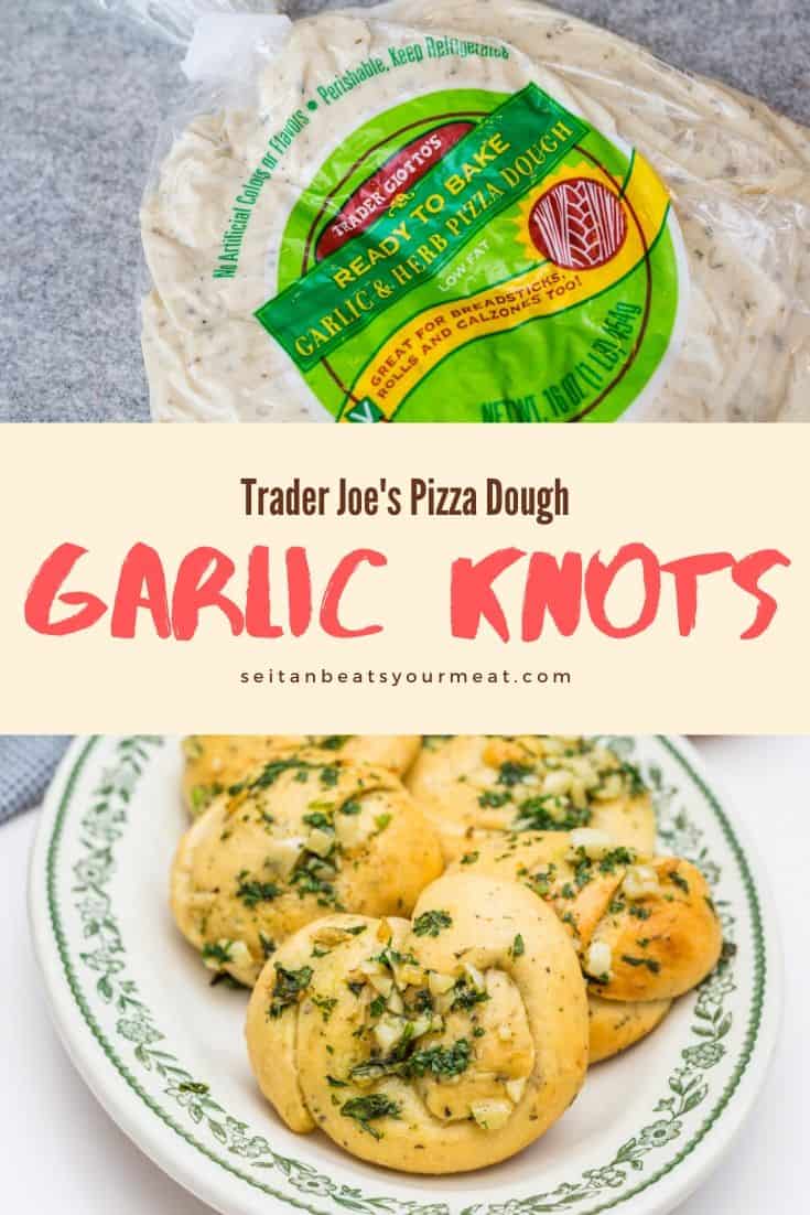 Overhead image of garlic knots with heads of garlic, marinara in cups, and chopped parsley with text 