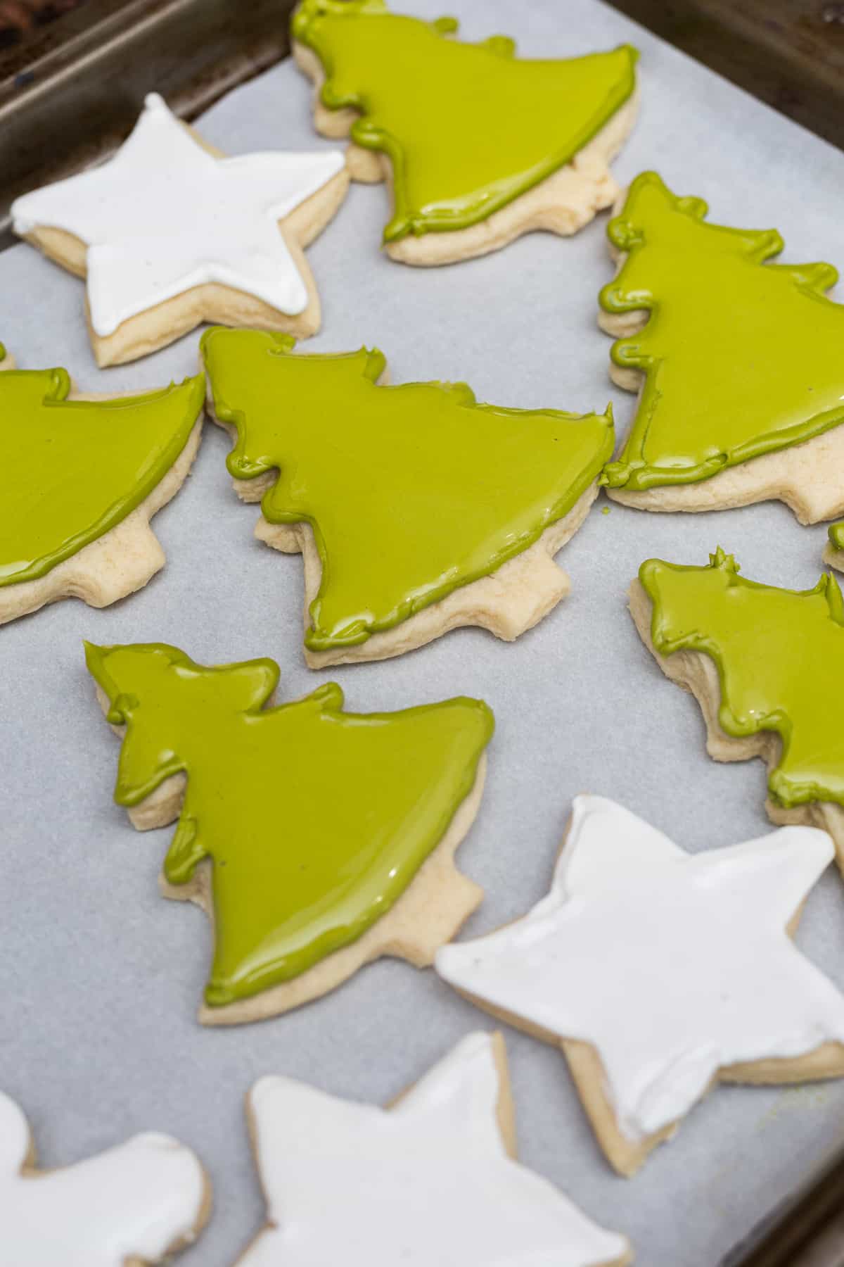 Christmas tree and star-shaped sugar cookies decorated with vegan royal icing on a cookie sheet