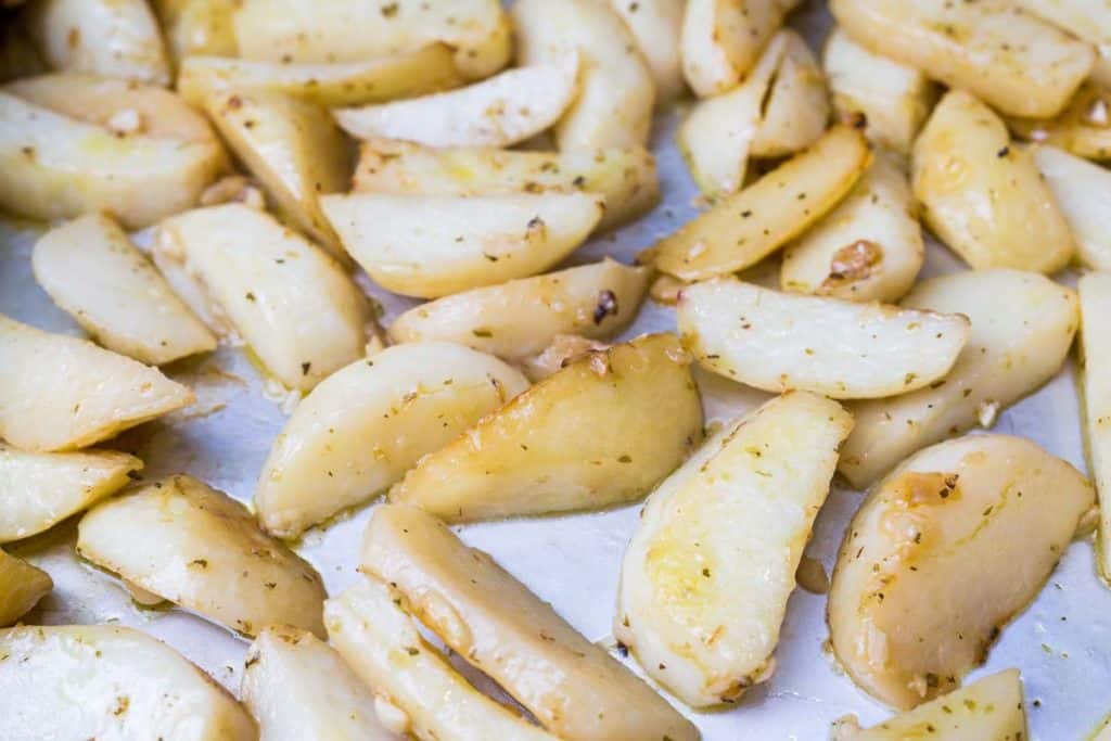 Roasted potatoes on pan