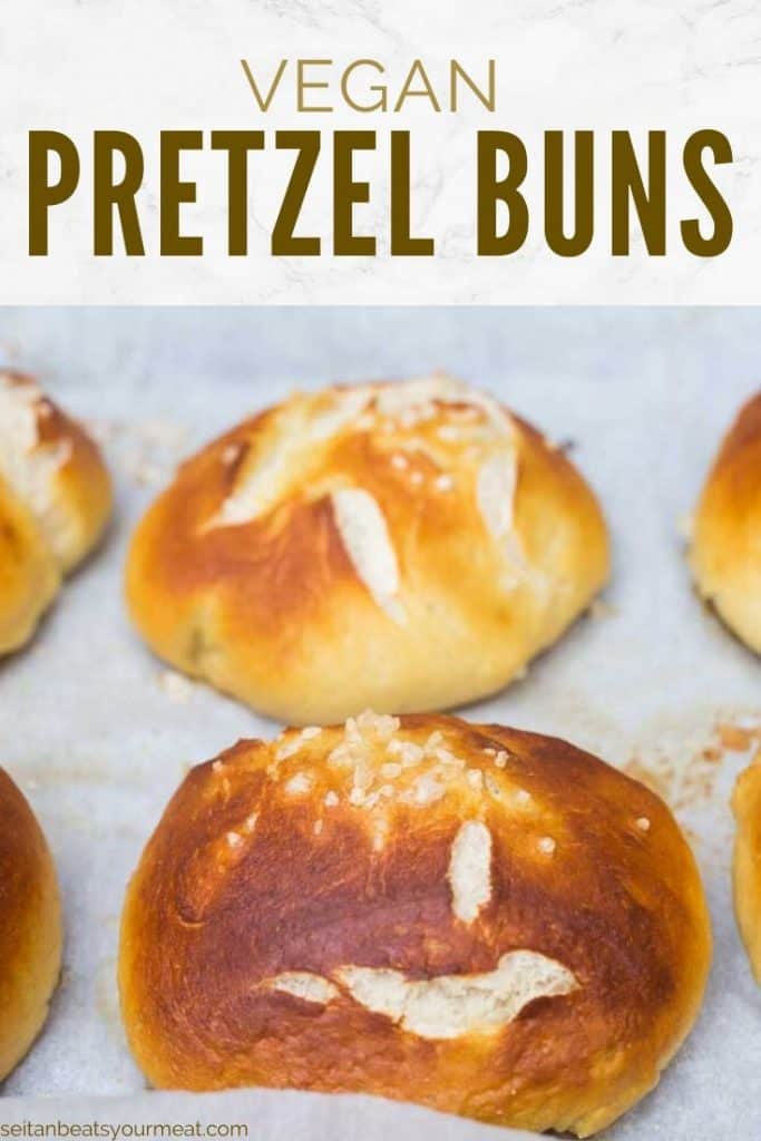 Pretzel buns on tray with text "Vegan Pretzel Buns"