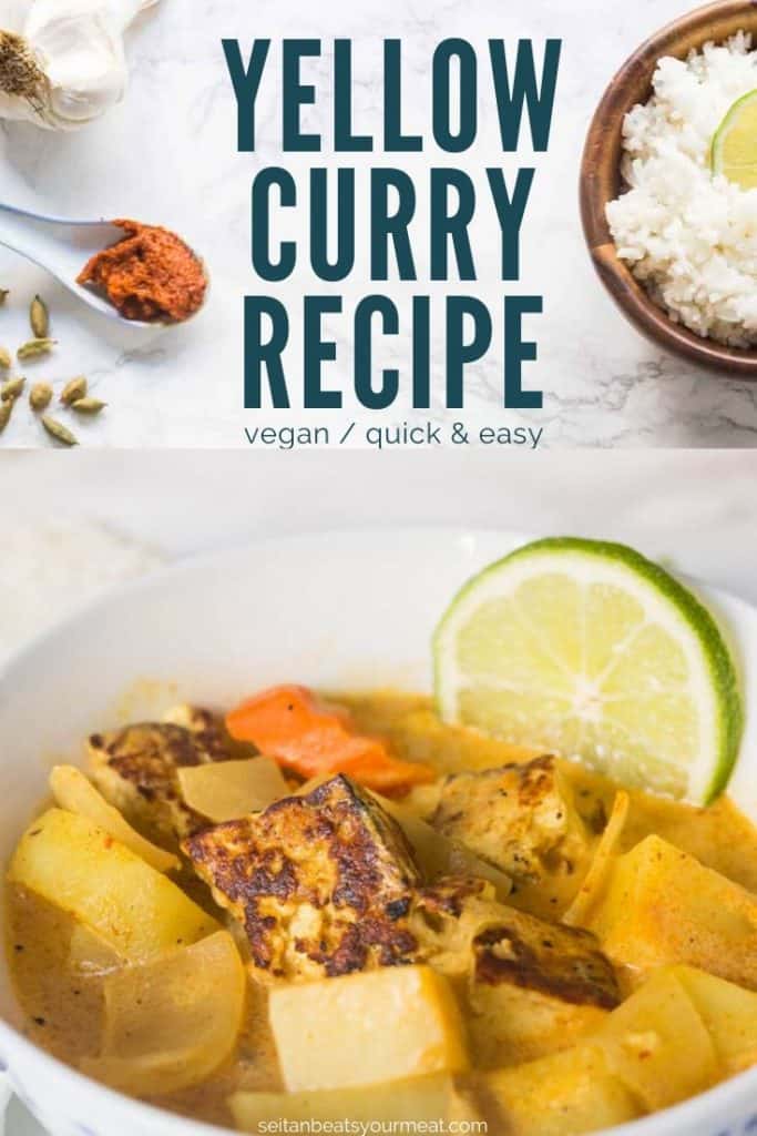 Bowl of yellow curry with rice and text "Yellow Curry Recipe"