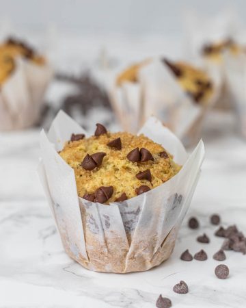 Chocolate chip muffin with muffins in background