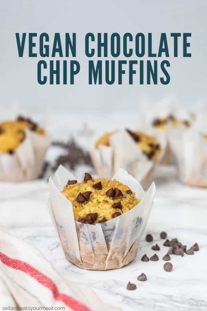Muffins on marble counter with text "Vegan Chocolate Chip Muffins"