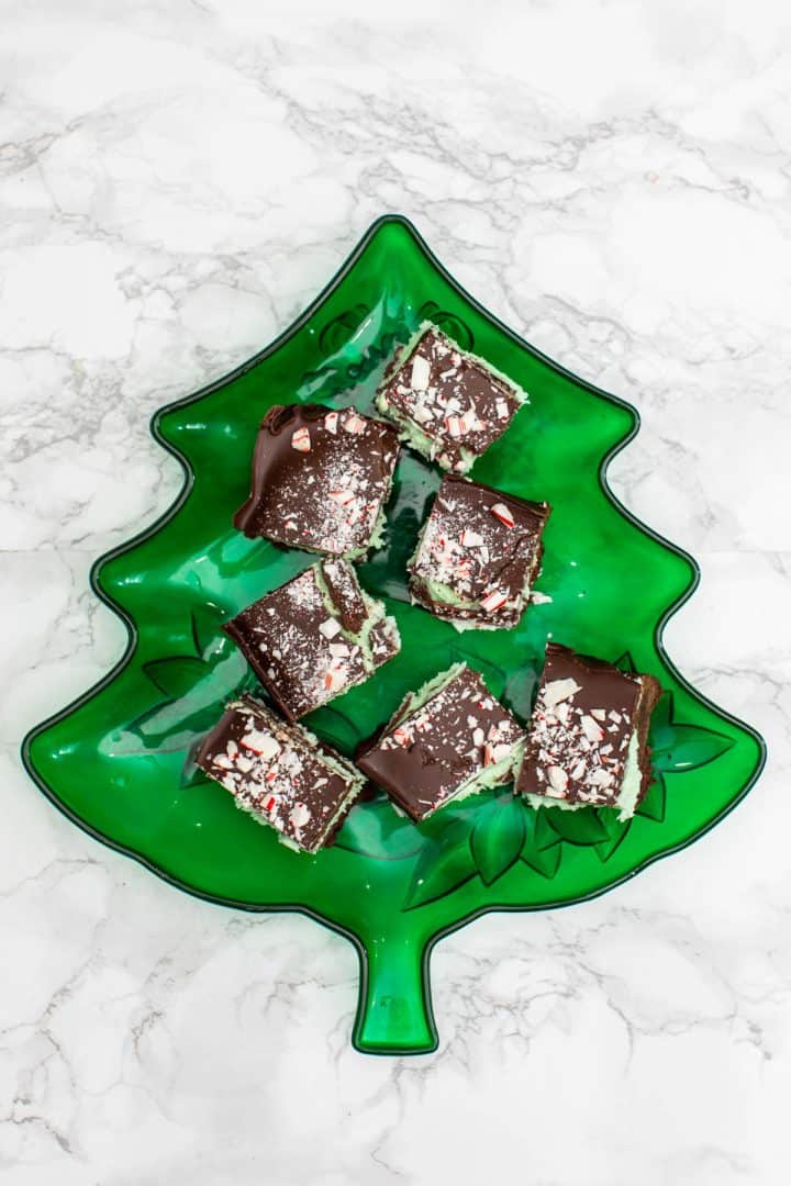 Chocolate peppermint cream bars on green tree-shaped plate