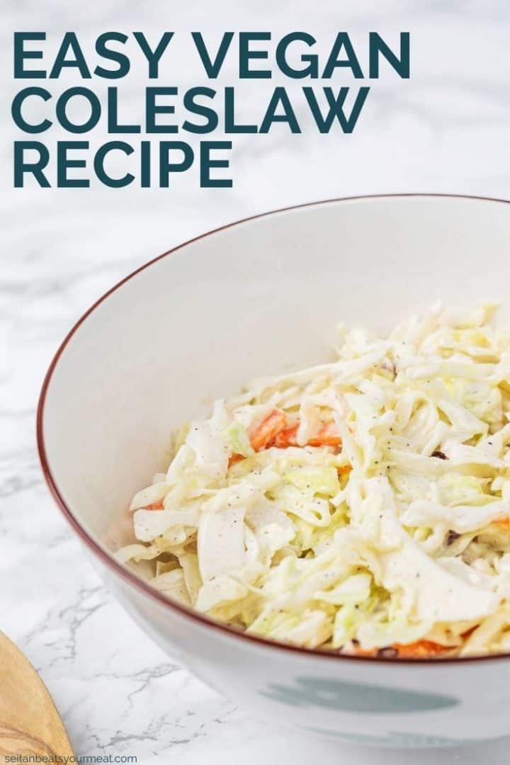 Bowl of coleslaw with text "Easy Vegan Coleslaw Recipe"