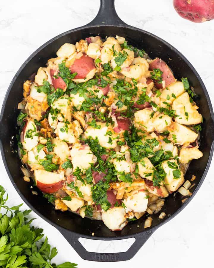 German potato salad in cast iron pan