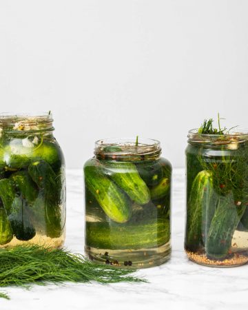 Three jars of homemade dill pickles