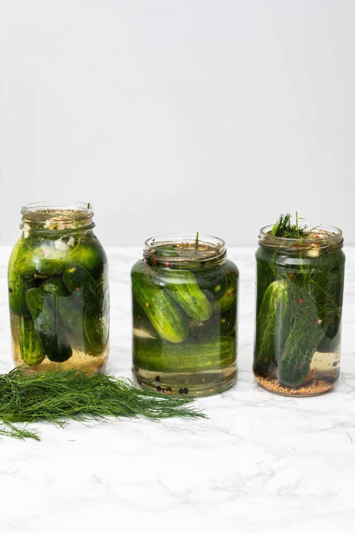 Three jars of homemade dill pickles