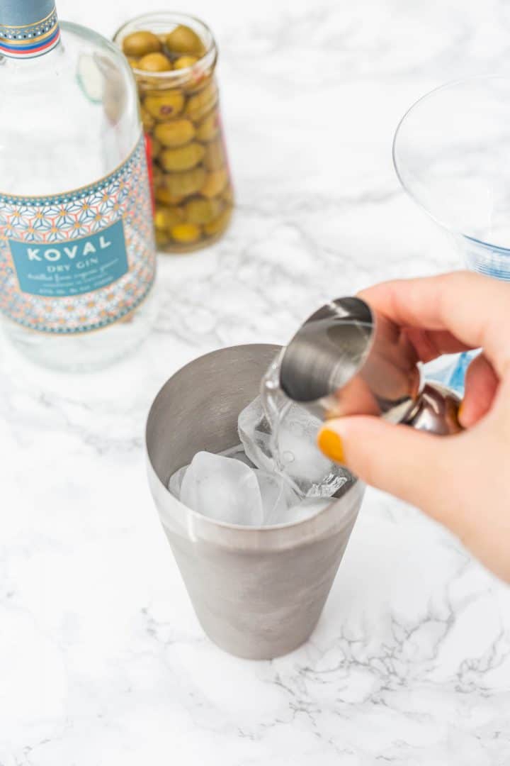 Hand pouring gin into cocktail shaker full of ice
