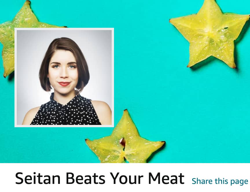 Screenshot of Seitan Beats Your Meat Amazon storefront with headshot of author Kelly Peloza on teal background with starfruit